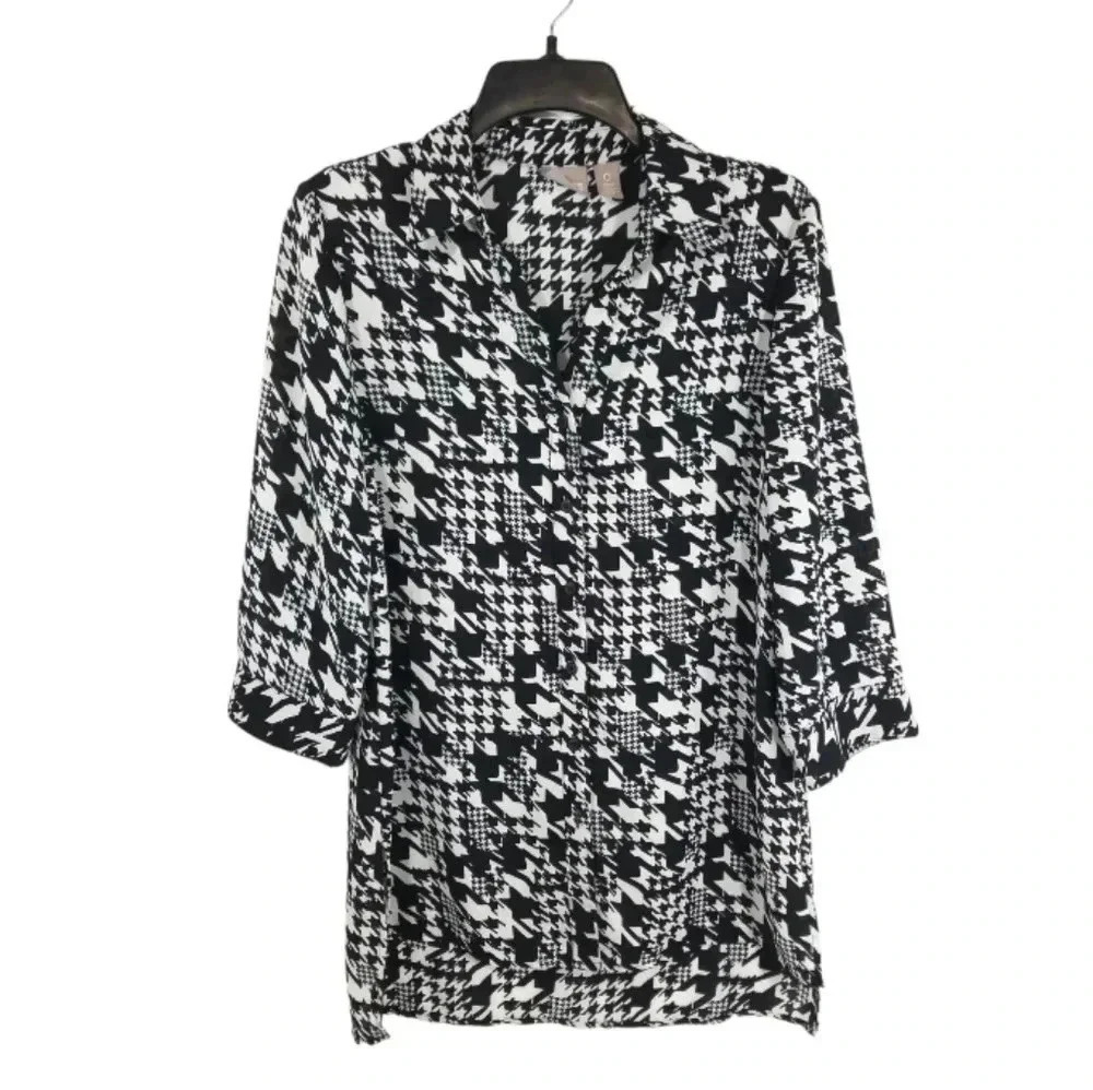 {Chico’s} Black & White Houndstooth Print Blouse 3/4 Sleeve High Low Hem - Picture 3 of 15